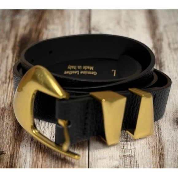 La Via Firenze Black Leather Belt Gold Buckle Made In Italy Size L main image 14